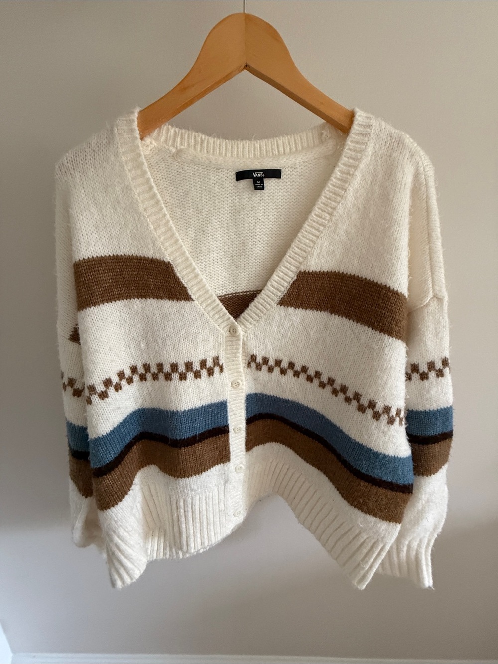 Vans Cream Button-Up Cardigan with Brown & Blue Stripes